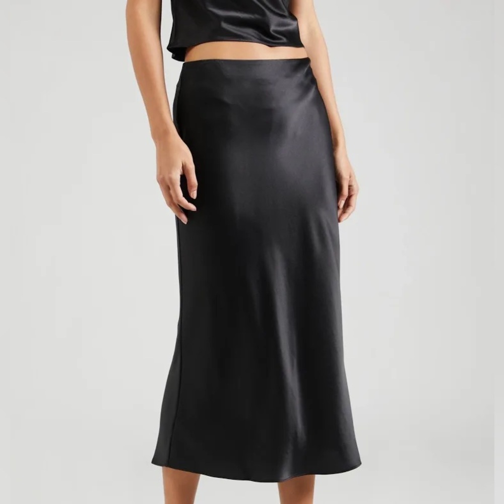 STAUD Black Satin Midi Skirt